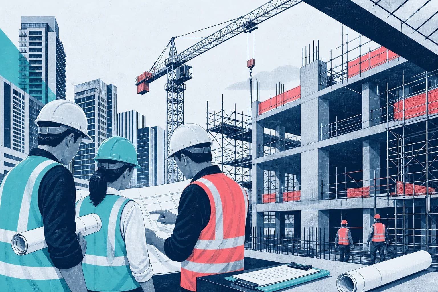 Illustration of a Singapore construction team reviewing plans at a building site